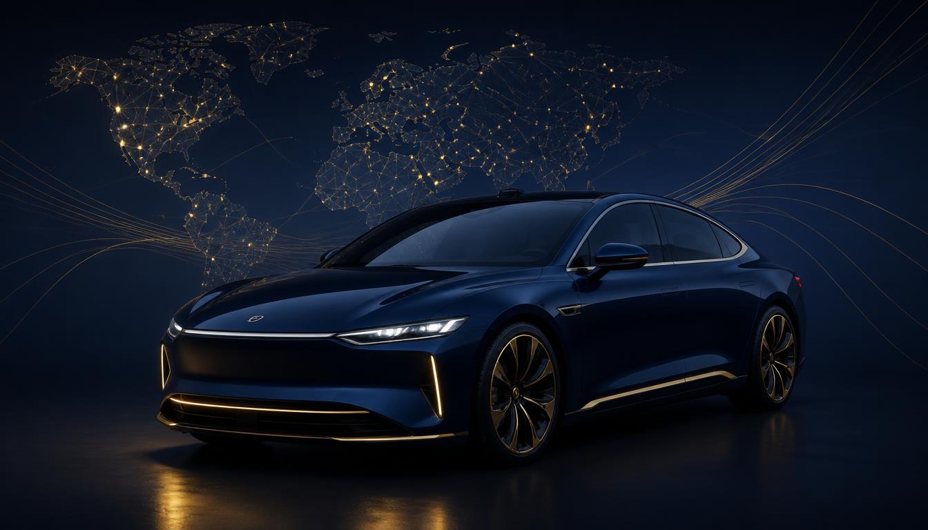 Sleek Geely electric vehicle with global network visualization